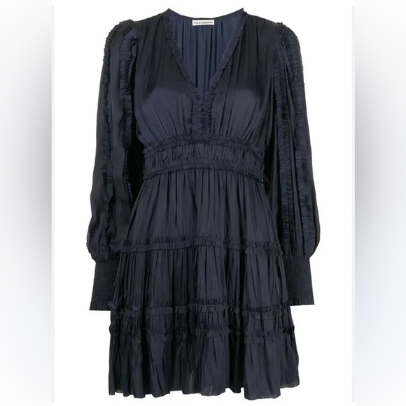 ULLA JOHNSON Gemma Satin Like Mini Dress V Neck Bishop Sleeve Midnight Blue - Picture 2 of 14